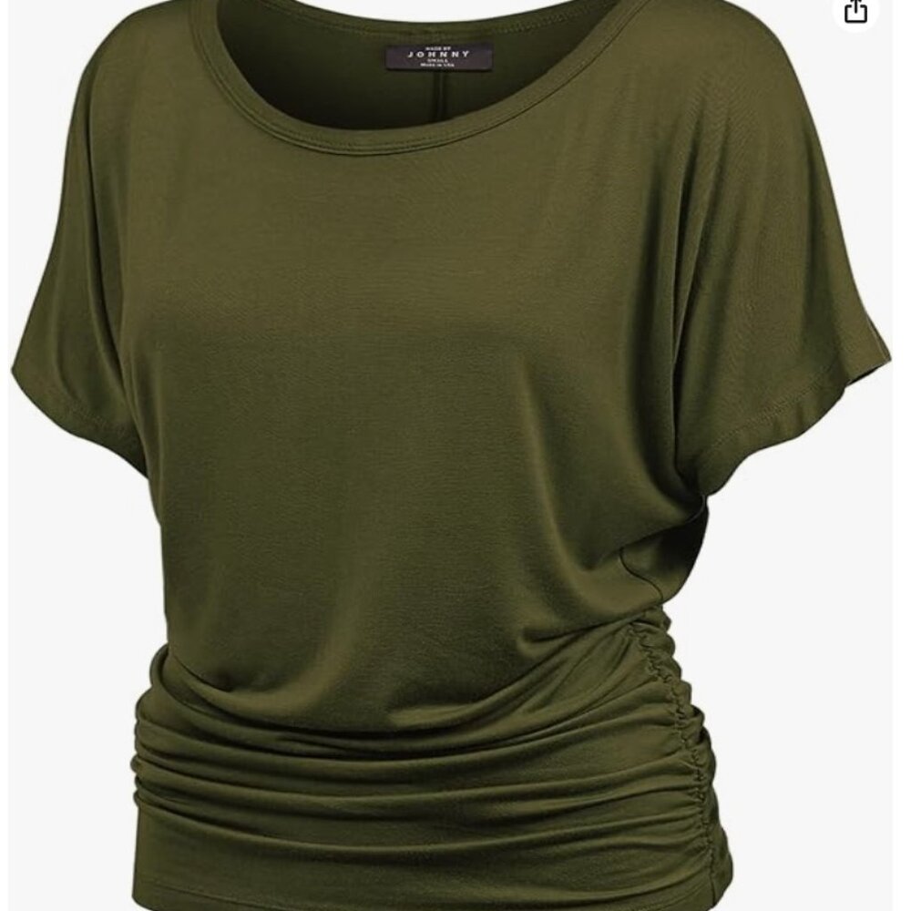 Women's Casual Solid Short Sleeve Boat Neck/V Neck Dolman Top T Shirt with Side
